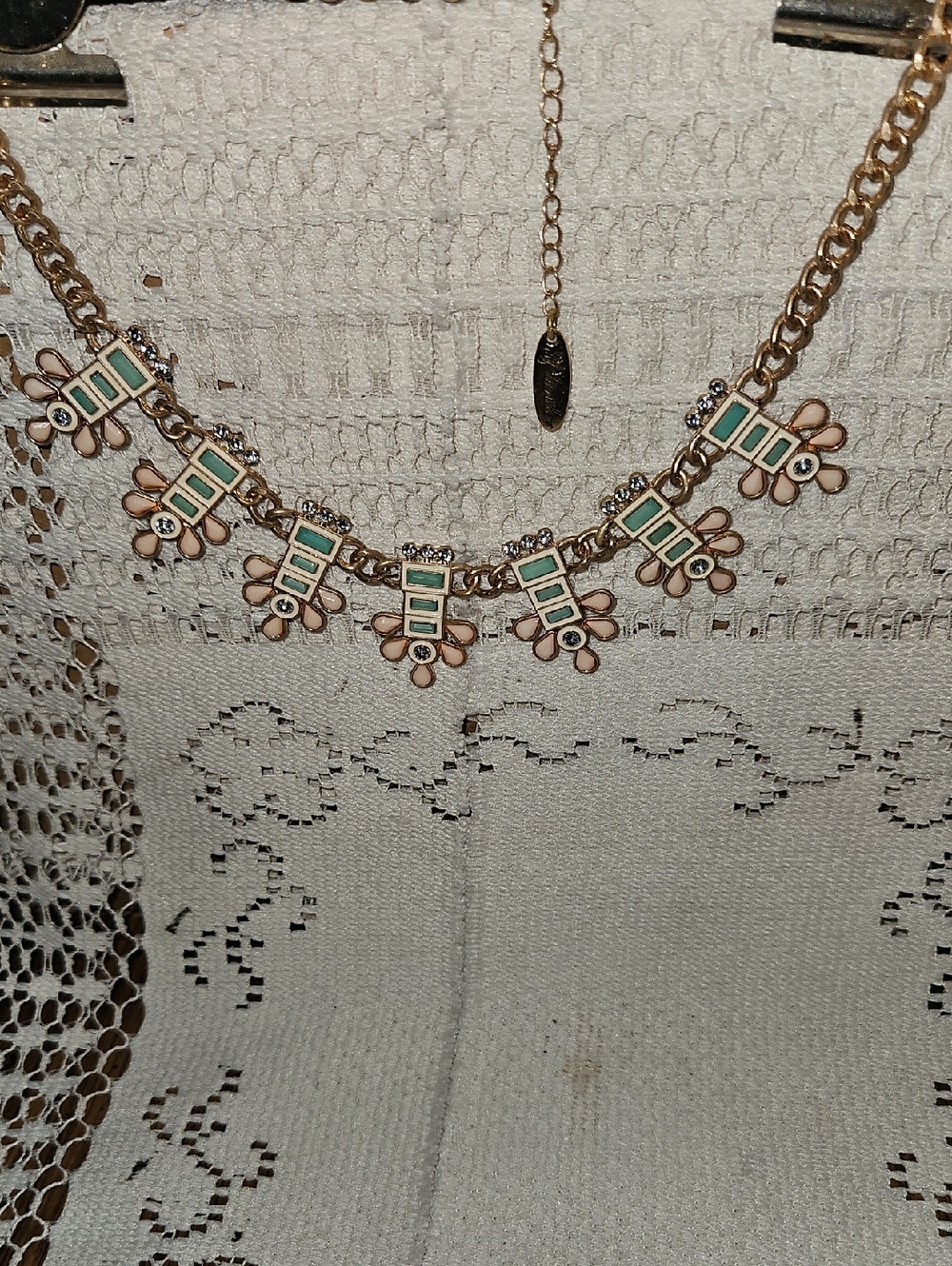 PLUNDER "Eleanor" Bib Statement Necklace - Aqua Green Stones Enamel Rhinestones